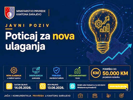 KS: Objavljen javni poziv, 1,8 miliona KM za poticaj razvoju male privrede u 2026.
