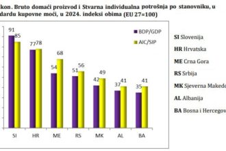BDP po stanovniku u BiH, po standardu kupovne moći, u 2024. iznosio 35% prosjeka EU 27